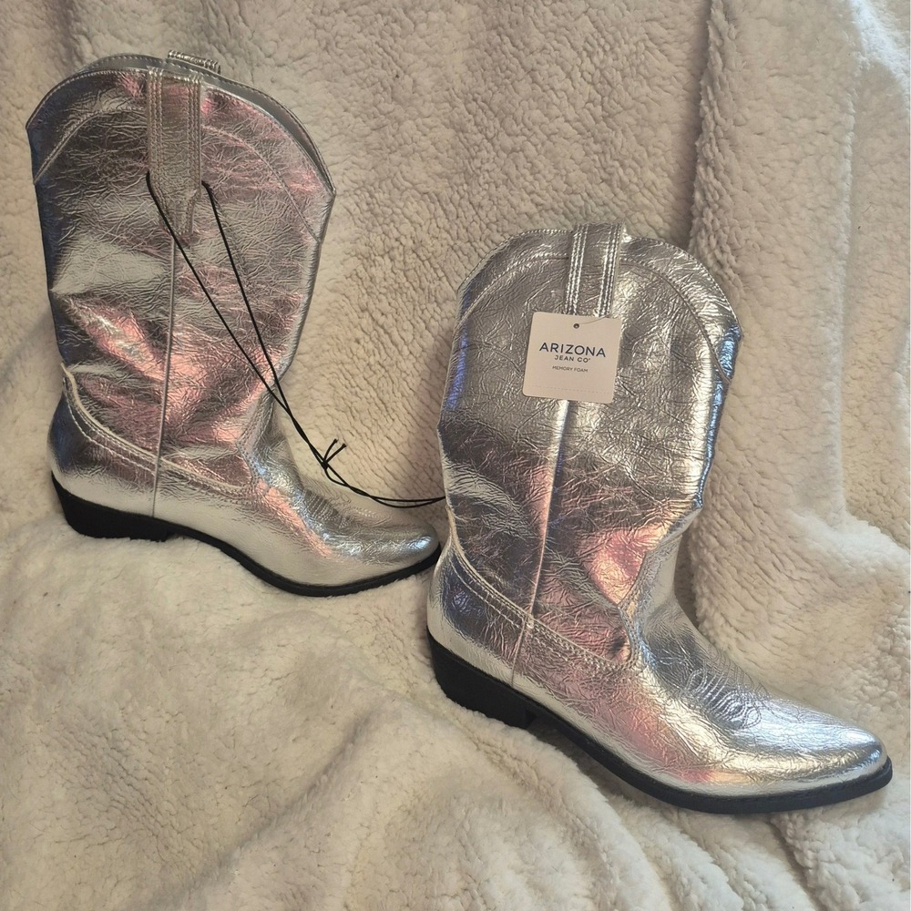 Arizona Women Silver Metallic Cowboy Boots Western Mid Calf Pointed Toe - Picture 1 of 5